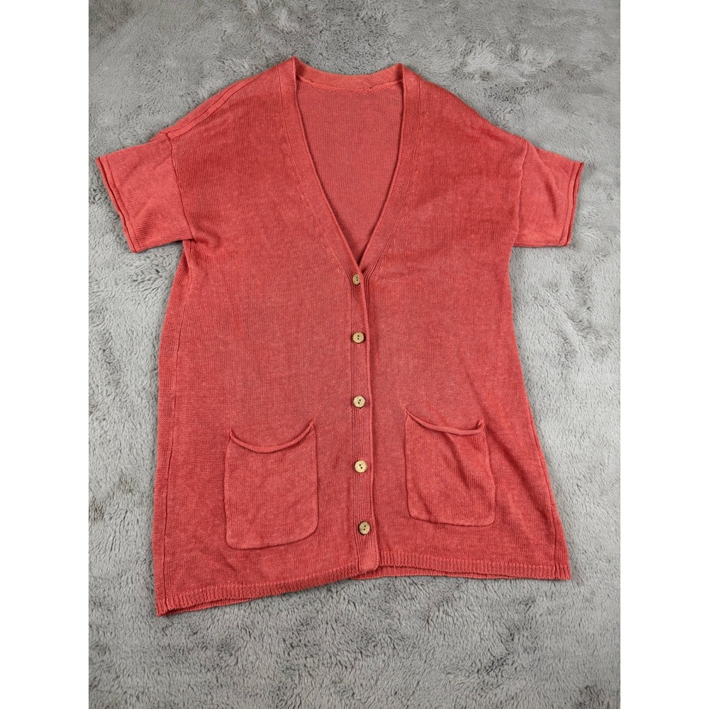 Coral Short Sleeve Linen Cardigan w Pockets‎ Lightweight Knit Button Down Top M